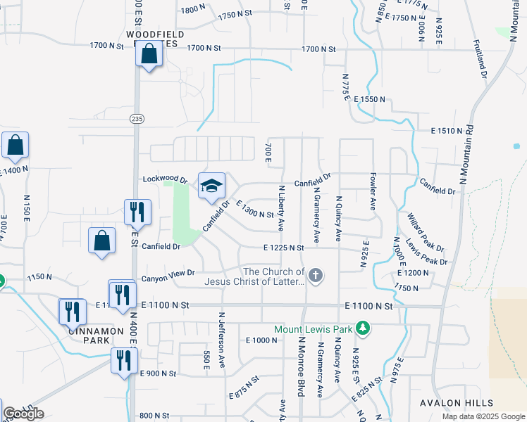 map of restaurants, bars, coffee shops, grocery stores, and more near 706 East 1300 North Street in Ogden