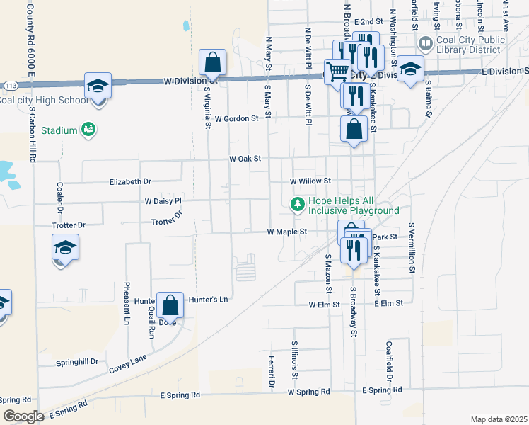 map of restaurants, bars, coffee shops, grocery stores, and more near 480 South Mary Street in Coal City