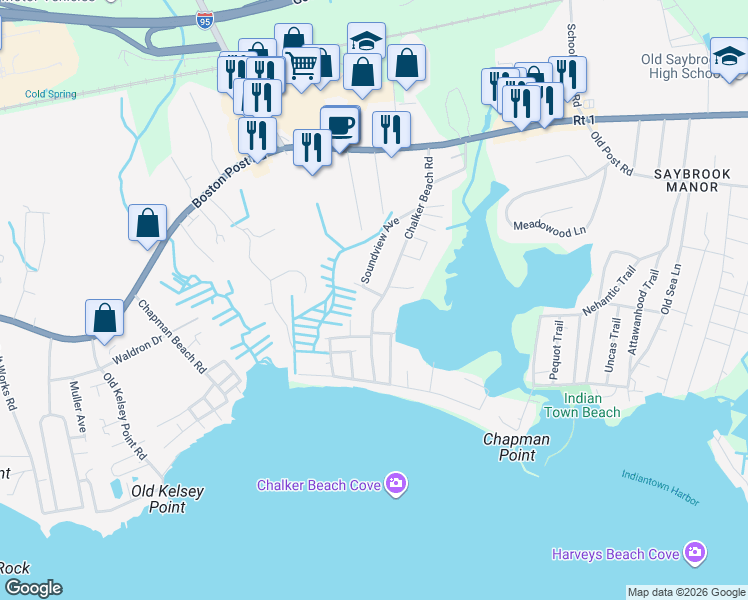 map of restaurants, bars, coffee shops, grocery stores, and more near 95 Chalker Beach Road in Old Saybrook