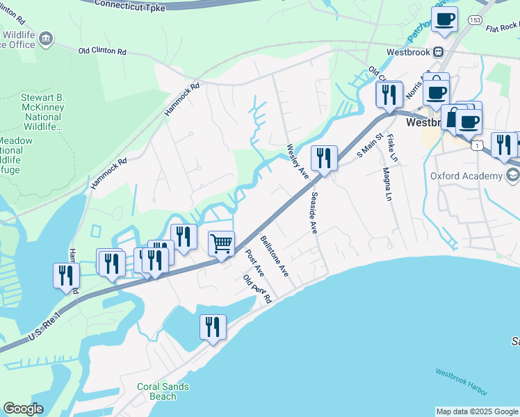 map of restaurants, bars, coffee shops, grocery stores, and more near 866 Boston Post Road in Westbrook