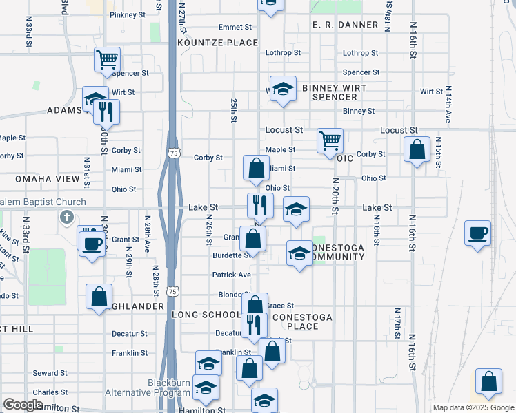 map of restaurants, bars, coffee shops, grocery stores, and more near 2500 North 24th Street in Omaha