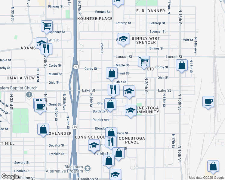 map of restaurants, bars, coffee shops, grocery stores, and more near 2500 North 24th Street in Omaha