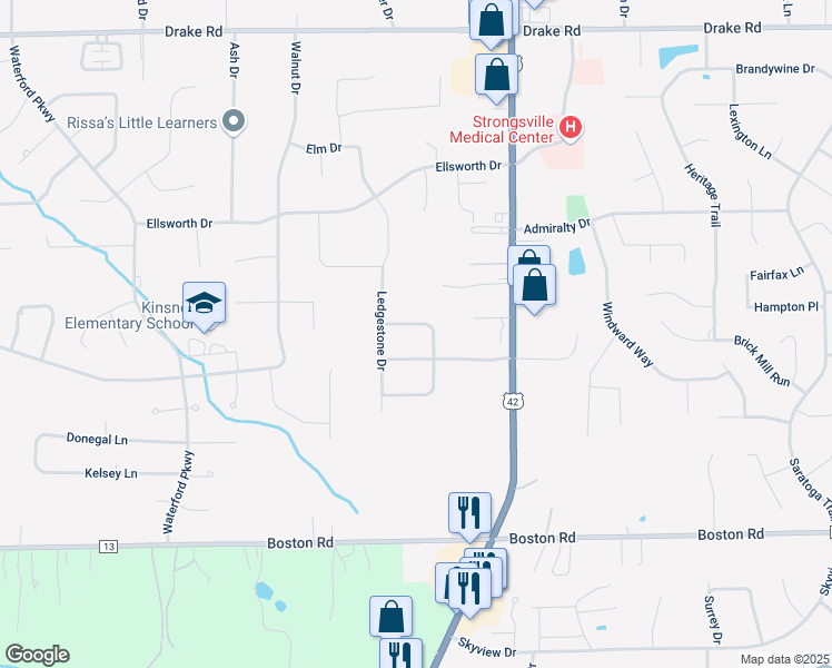 map of restaurants, bars, coffee shops, grocery stores, and more near 20683 North Greystone Drive in Strongsville