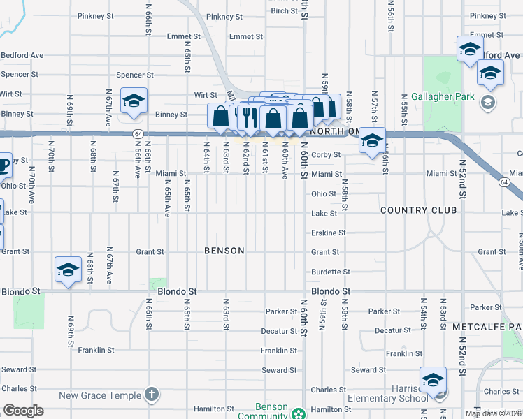 map of restaurants, bars, coffee shops, grocery stores, and more near 2504 North 61st Street in Omaha