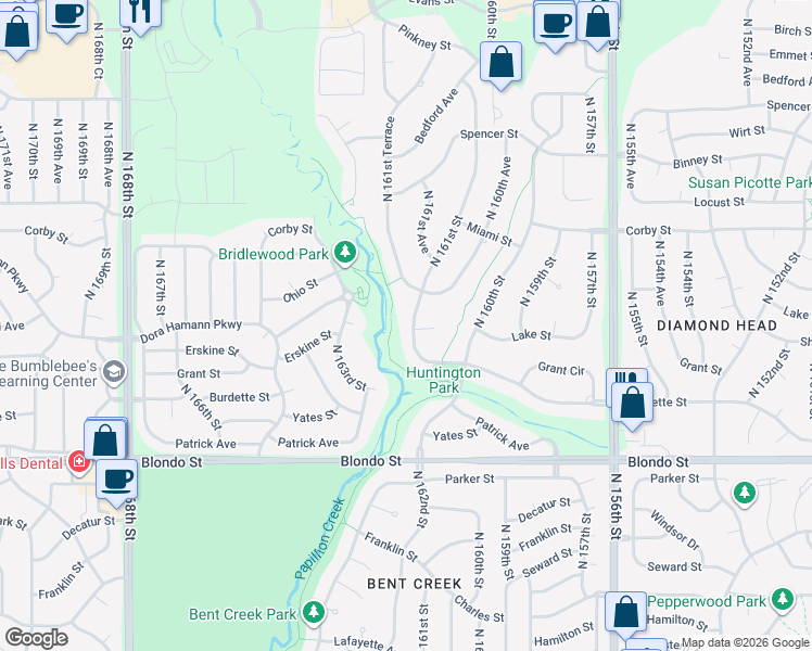 map of restaurants, bars, coffee shops, grocery stores, and more near 2502 North 161st Street in Omaha
