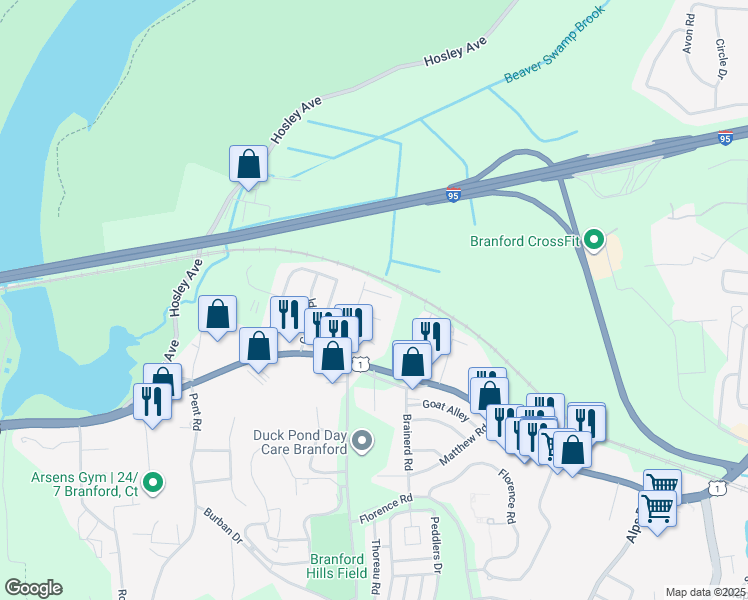 map of restaurants, bars, coffee shops, grocery stores, and more near 7 Damien Road in Branford