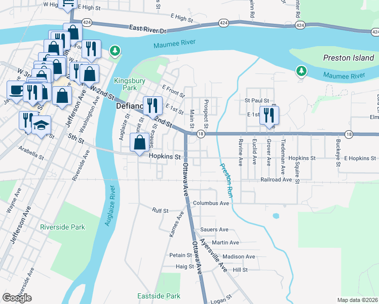 map of restaurants, bars, coffee shops, grocery stores, and more near 501 Douglas St in Defiance