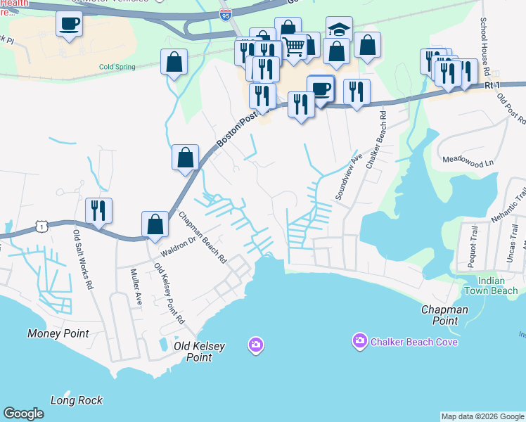 map of restaurants, bars, coffee shops, grocery stores, and more near 140 Sandy Point Road in Old Saybrook