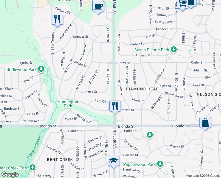 map of restaurants, bars, coffee shops, grocery stores, and more near 2505 N 157th St in Omaha