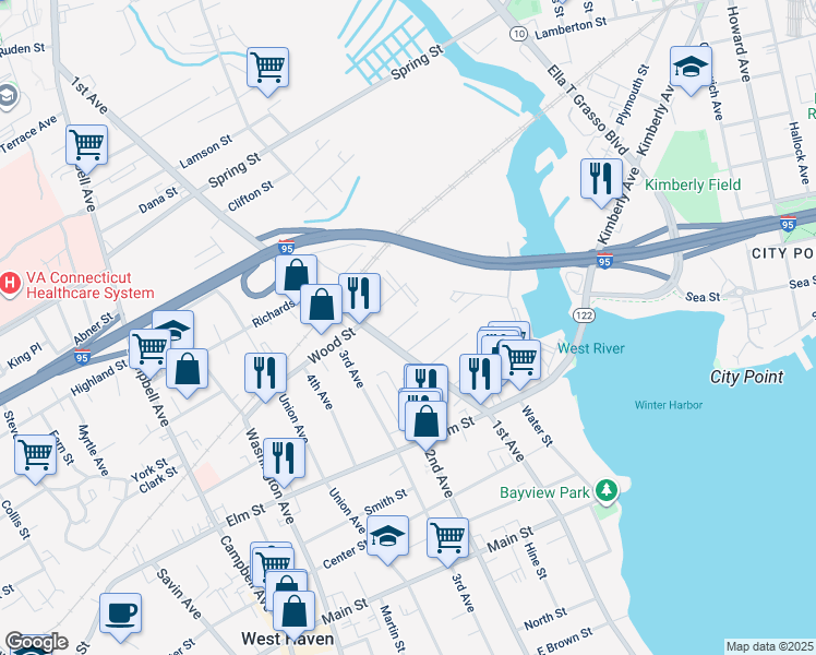 map of restaurants, bars, coffee shops, grocery stores, and more near 46 Thompson Street in West Haven
