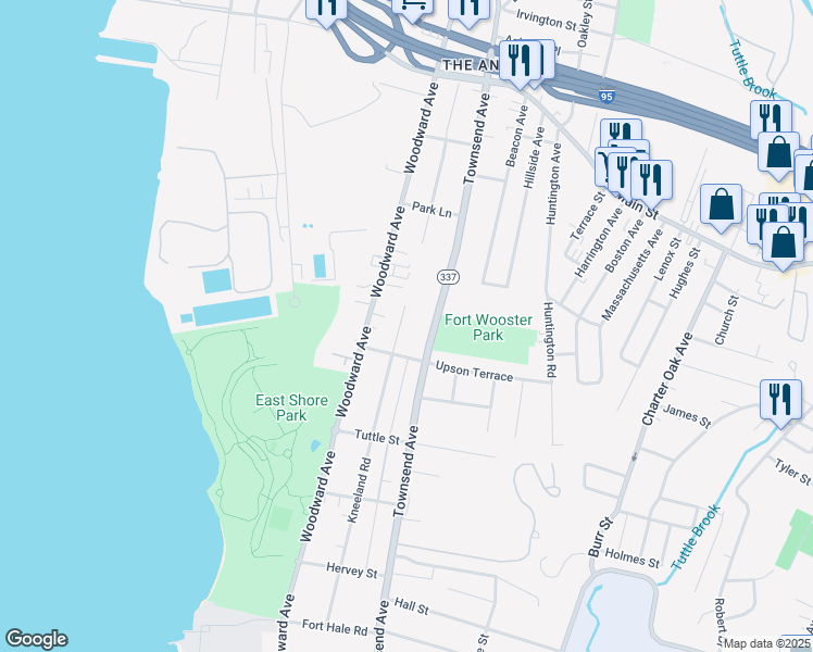 map of restaurants, bars, coffee shops, grocery stores, and more near 335 Kneeland Road in New Haven