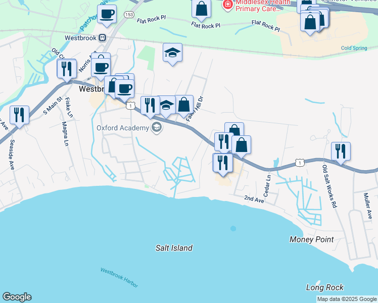 map of restaurants, bars, coffee shops, grocery stores, and more near 37 Economy Drive in Westbrook