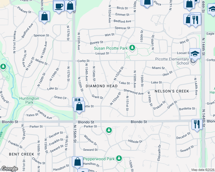 map of restaurants, bars, coffee shops, grocery stores, and more near 2458 North 153rd Avenue in Omaha