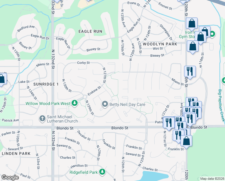 map of restaurants, bars, coffee shops, grocery stores, and more near 2512 South 126th Street in Omaha