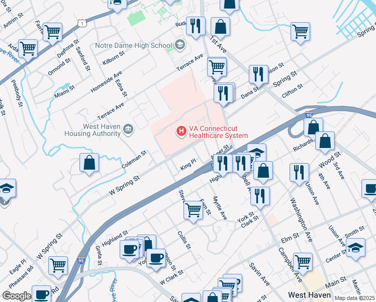 map of restaurants, bars, coffee shops, grocery stores, and more near 88 West Spring Street in West Haven