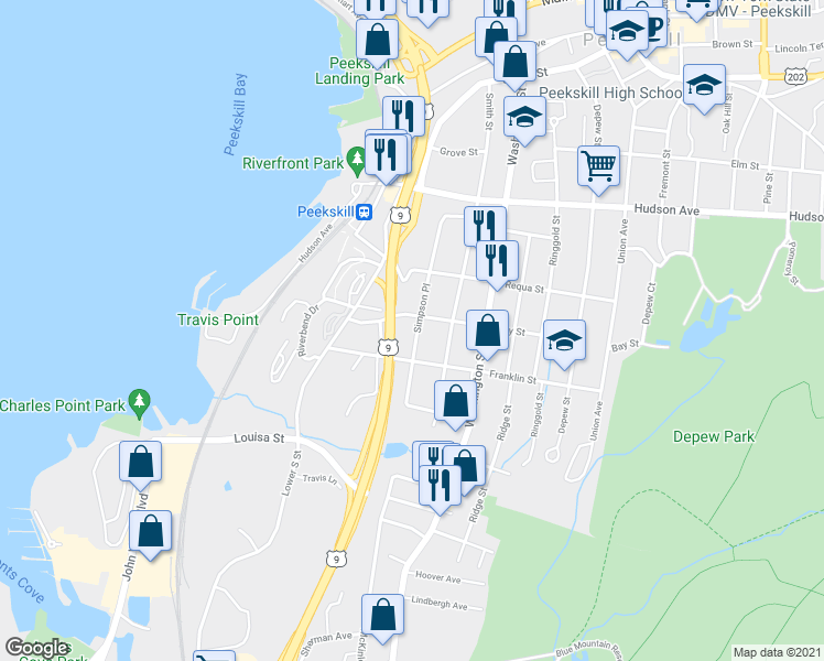 map of restaurants, bars, coffee shops, grocery stores, and more near 512 Simpson Place in Peekskill