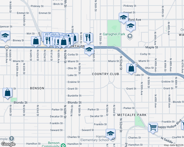 map of restaurants, bars, coffee shops, grocery stores, and more near 2504 North 56th Street in Omaha