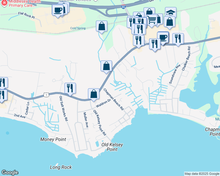 map of restaurants, bars, coffee shops, grocery stores, and more near 20 Chapman Beach Road in Westbrook