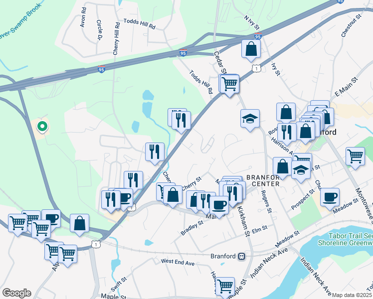 map of restaurants, bars, coffee shops, grocery stores, and more near 11 Clancy Road in Branford
