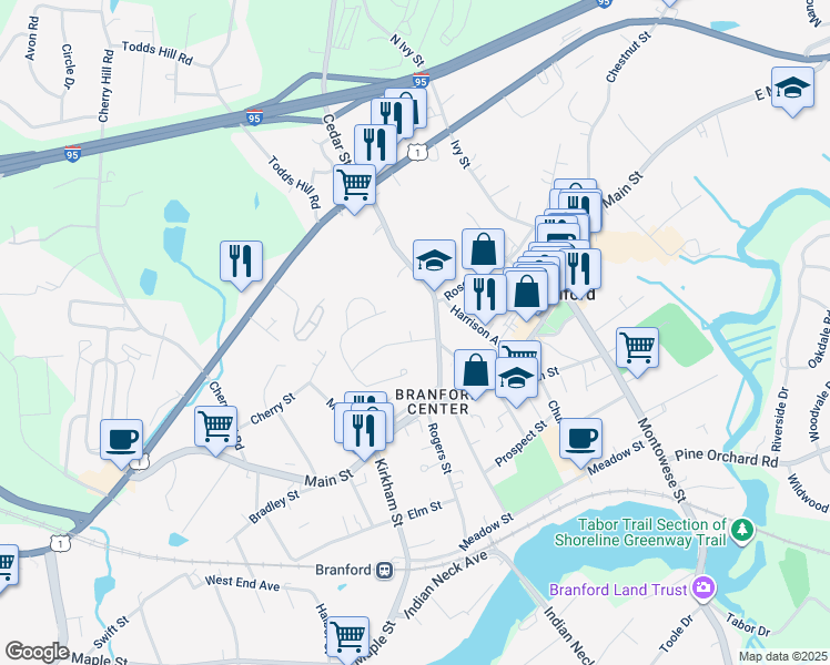 map of restaurants, bars, coffee shops, grocery stores, and more near 20 Palmer Road in Branford