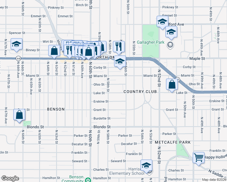 map of restaurants, bars, coffee shops, grocery stores, and more near 5638 Lake Street in Omaha