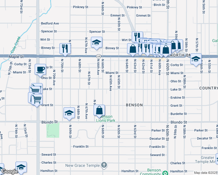 map of restaurants, bars, coffee shops, grocery stores, and more near 2504 North 65th Avenue in Omaha