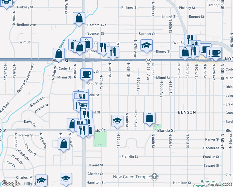 map of restaurants, bars, coffee shops, grocery stores, and more near 2502 North 69th Street in Omaha