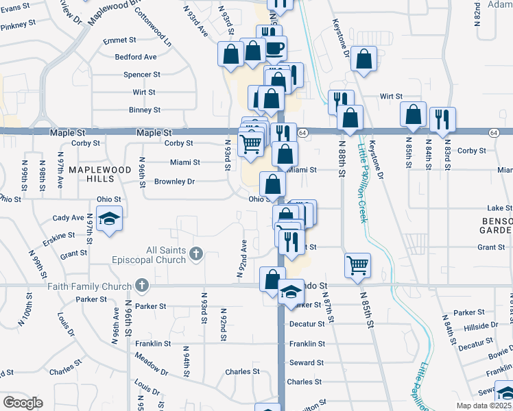 map of restaurants, bars, coffee shops, grocery stores, and more near 9039 Ohio Street in Omaha