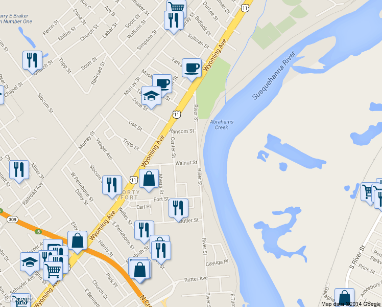 map of restaurants, bars, coffee shops, grocery stores, and more near 103 River St in Forty Fort