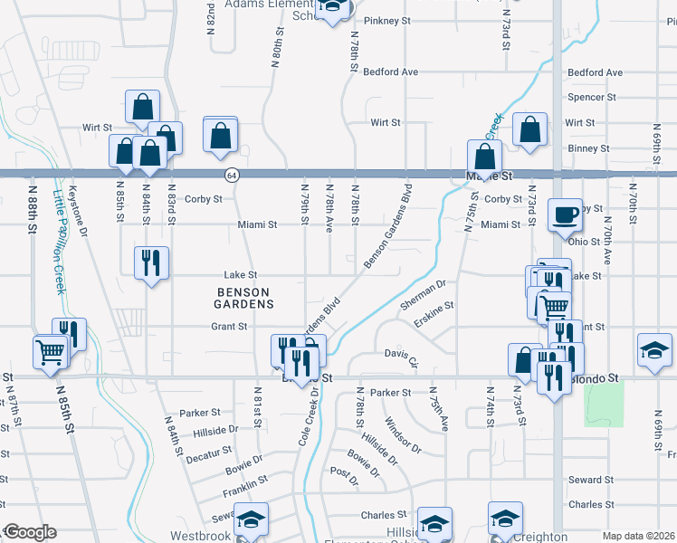 map of restaurants, bars, coffee shops, grocery stores, and more near 7808 Lake St in Omaha
