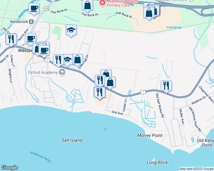 map of restaurants, bars, coffee shops, grocery stores, and more near 1566 Boston Post Road in Westbrook