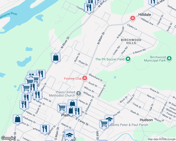 map of restaurants, bars, coffee shops, grocery stores, and more near 18-20 Blanchard Street in Wilkes-Barre