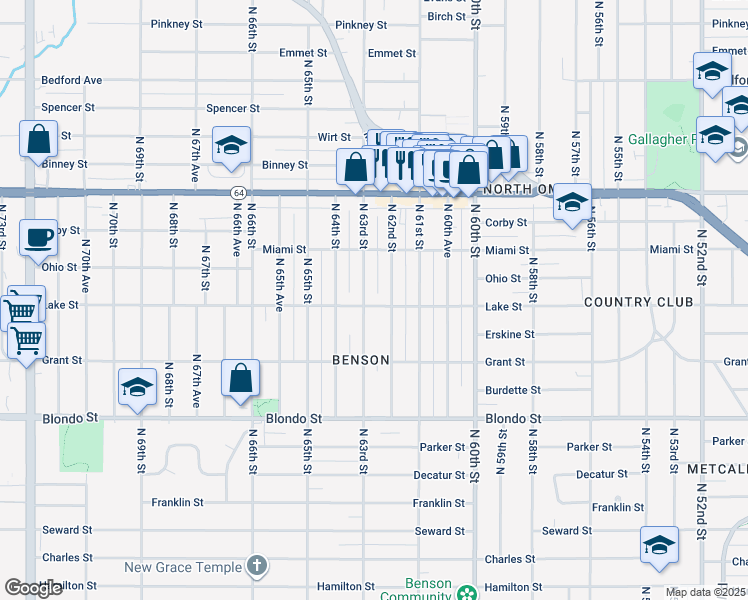map of restaurants, bars, coffee shops, grocery stores, and more near 6212 Lake Street in Omaha