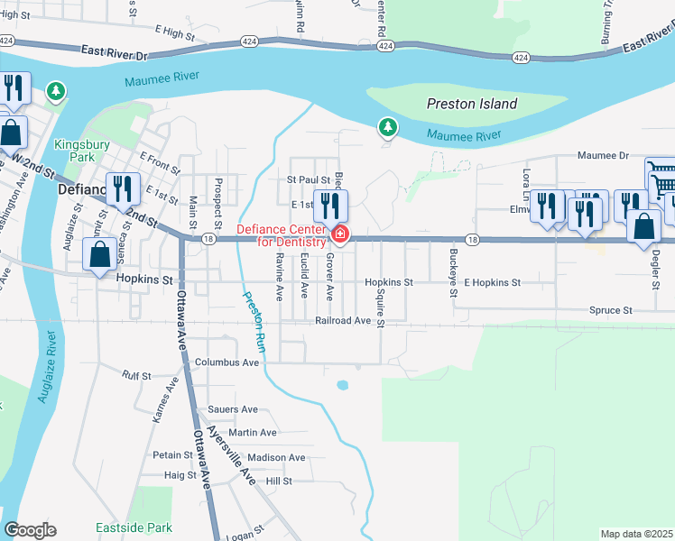 map of restaurants, bars, coffee shops, grocery stores, and more near 512 Tiedeman Avenue in Defiance
