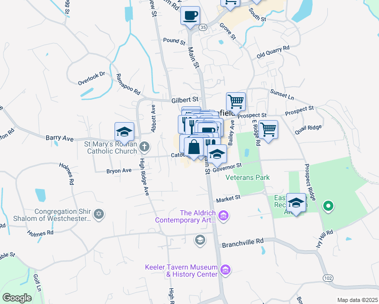 map of restaurants, bars, coffee shops, grocery stores, and more near 30 Catoonah Street in Ridgefield