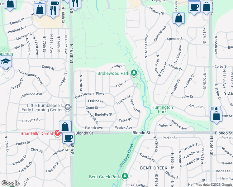 map of restaurants, bars, coffee shops, grocery stores, and more near 16426 Sherwood Avenue in Omaha