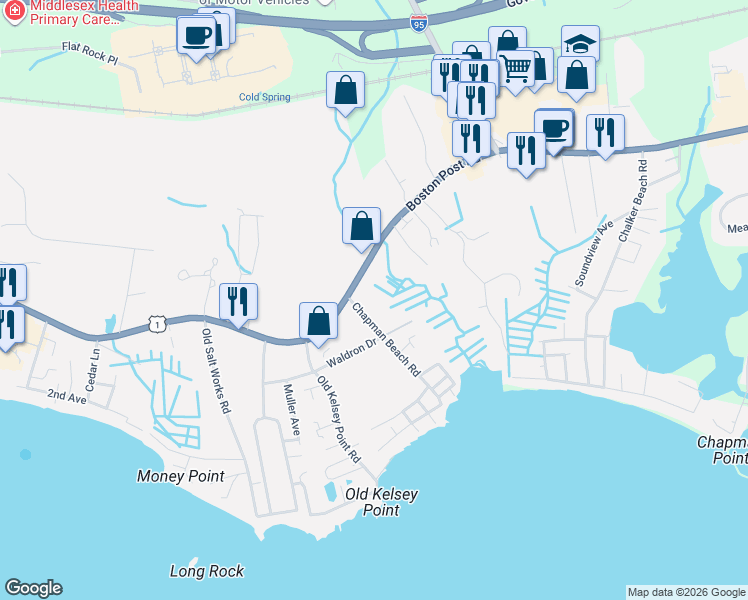 map of restaurants, bars, coffee shops, grocery stores, and more near 20 Chapman Beach Road in Westbrook