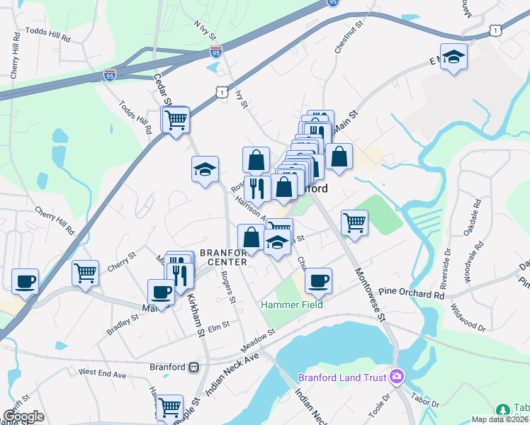 map of restaurants, bars, coffee shops, grocery stores, and more near 23 Harrison Avenue in Branford