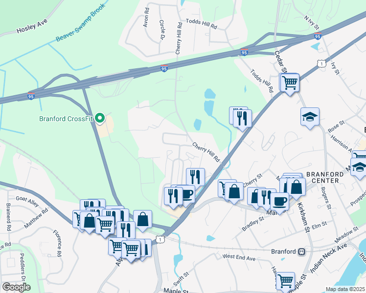 map of restaurants, bars, coffee shops, grocery stores, and more near 7 Montoya Drive in Branford