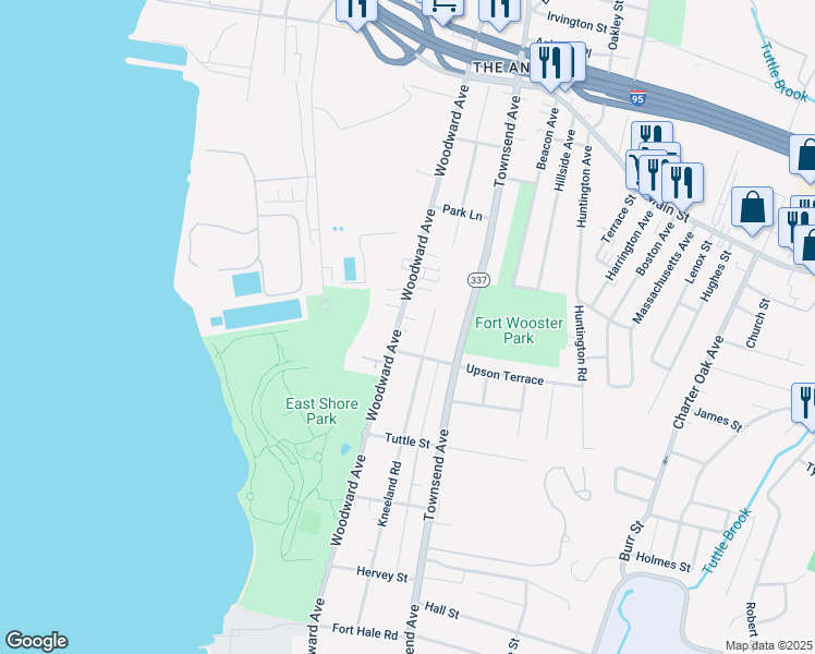 map of restaurants, bars, coffee shops, grocery stores, and more near 465 Woodward Avenue in New Haven