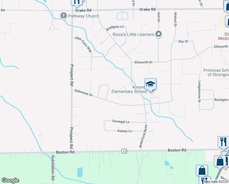 map of restaurants, bars, coffee shops, grocery stores, and more near 20504 Castlemaine Circle in Strongsville