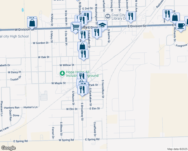 map of restaurants, bars, coffee shops, grocery stores, and more near 117 East Blackstone Street in Coal City