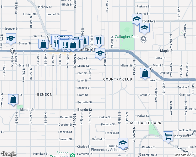 map of restaurants, bars, coffee shops, grocery stores, and more near 5638 Lake Street in Omaha
