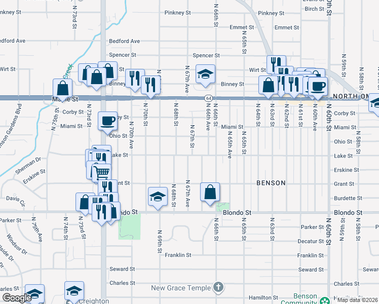 map of restaurants, bars, coffee shops, grocery stores, and more near 6702 Lake Street in Omaha