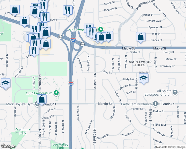 map of restaurants, bars, coffee shops, grocery stores, and more near 10205 Ohio Street in Omaha