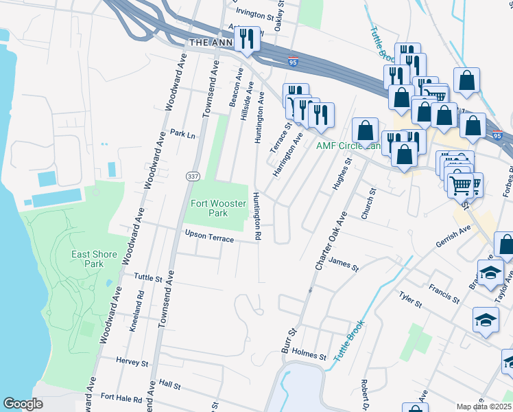 map of restaurants, bars, coffee shops, grocery stores, and more near 30 Huntington Rd in New Haven