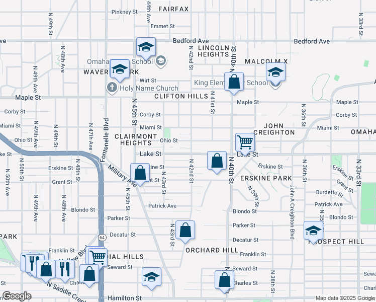 map of restaurants, bars, coffee shops, grocery stores, and more near 4206 Lake Street in Omaha