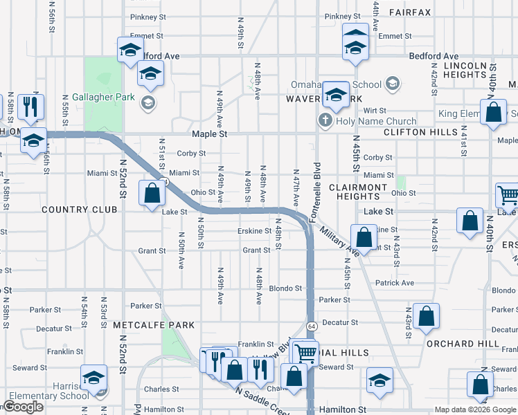 map of restaurants, bars, coffee shops, grocery stores, and more near 2504 North 48th Avenue in Omaha