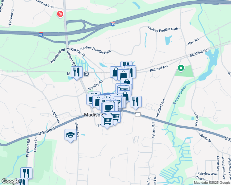 map of restaurants, bars, coffee shops, grocery stores, and more near 15 Brookside Road in Madison