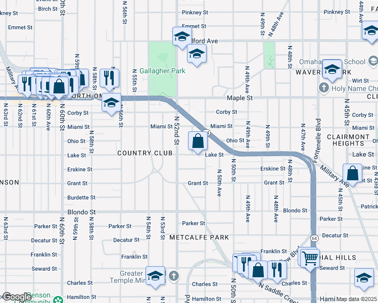 map of restaurants, bars, coffee shops, grocery stores, and more near 2502 North 51st Avenue in Omaha